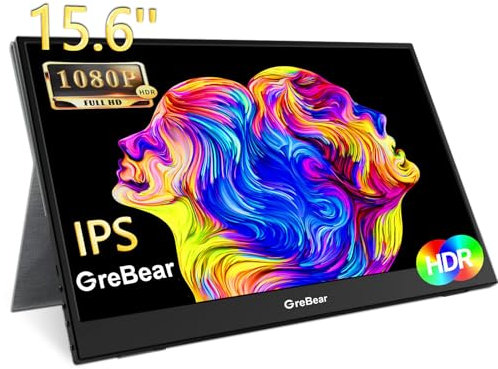 GreBear Ecran Portable 15,6 FHD 1080P Moniteur de Jeu de Voyage HDR IPS - Second Ecran USB-C HDMI Avec Deux Haut-parleurs Pour PC Xbox PS4/5