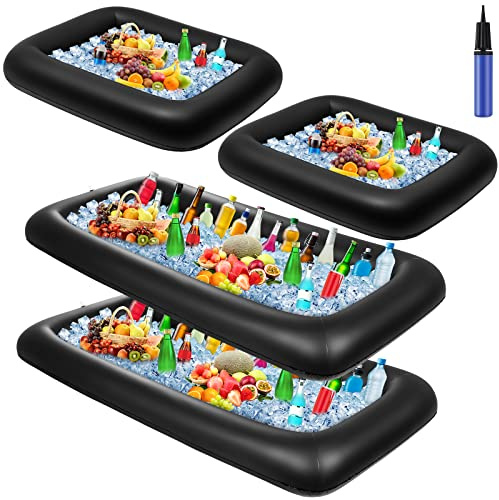 Leitee 4 Pcs Inflatable Serving Bar Drink Cooler Ice Tray for Food,Black | Food Drink Containers With Drain Plug, Pool Party Floating Ice Tray, Buffet Cooler For Parties, Includes Hand Pump, 2 Sizes
