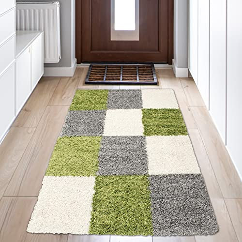 Flauschiger Shaggy-Teppich Hochflor mit Karomuster in grün grau Creme 60x110cm