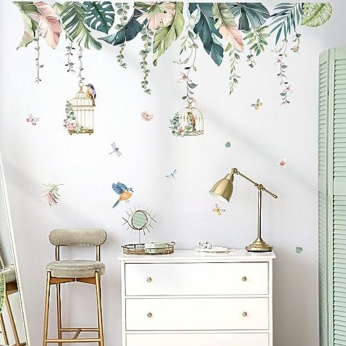 wondever Wandtattoo Tropische Blätter Boho Wandaufkleber Hängende Blätter Vögel Wandsticker Wanddeko für Schlafzimmer Wohnzimmer TV Wand (W:132cm)