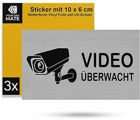 Aufkleber Set VIDEO überwacht, 3 Stück, 10 x 6 cm, selbstklebende Folie, Hinweissticker zum Kleben für Innen- und Außenbereich, Videokamera Überwachung Warnhinweis, Kamera Video überwacht Sticker