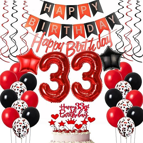 Luftballons 33. Geburtstag Frauen Rot Schwarz Dekoration, ballon 33 Geburtstag deko Frauen Rot Tortendeko 33 Jahre Frauen Geburtstagsdeko 33 Geburtstag Frau Deko 33. Geburtstag Luftballon
