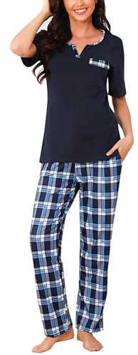 Bresdk Ensemble de Pyjama Femme Coton Vêtements de Nuit Haut à Manches Courtes de Couleur Unie Bas de Pyjama à Carreaux 2 Pièces, Bleu, S