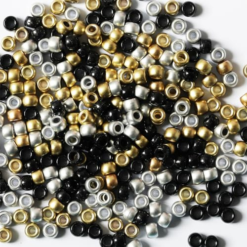 1000 PCS Gold/Silver/Black 6x9mm Pony Beads, Bracelet,for Hair Braids, Plastic, Hair Beads for Braids 6x9mm (Gold/Silver/Black)