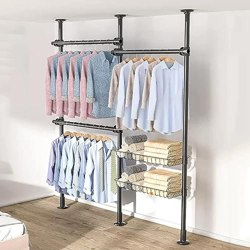 Teleskop Garderoben System, Teleskopstange Kleiderständer mit 2/3/4 Stangen, Teleskopgarderobe Höhenverstellbar Kleiderstange Garderobenständer, für Ankleidezimmer,Schwarz,B