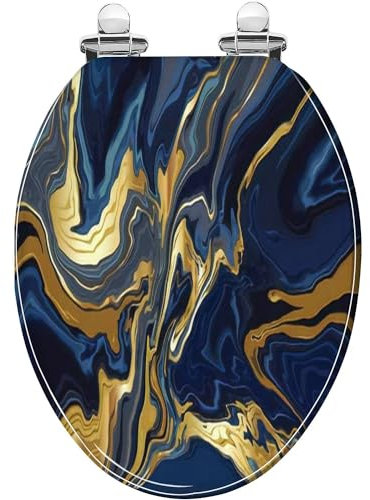 Elongated Toilet Seat luxury Blue marble and gold abstract texture Resin Toilet Seat with Quietly Close Quick Release Hinges Decorative Toilet Seat with Cover Easy to Clean and Install