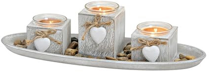 Teelichthalter Dekoset 8-teilig mit Tablett - Shabby weiß - Tischdeko Set inklusive Steine - Kerzen Tablett Teelicht Halter Tisch Deko Landhaus inklusive Kies