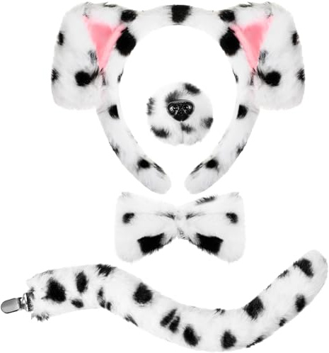 SATINIOR Welpen Kostüm Set Tierkostüm Set, Weiß, Dalmatiner | Hundekostüm Set Hundeohr Stirnband, Puppy Haarreif mit Ohren Bowtie Schwanz Falsche Nase für Erwachsene Maskeraden Karneval