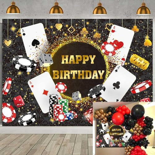 BUTEN Casino Geburtstags-Hintergrund, Las Vegas, Casino-Nacht, Party-Hintergrund für Casino-Thema, Poker-Würfel, goldfarben, Glitzer, Happy Birthday, Party-Dekorationen, Banner (208,3 x 150 cm)