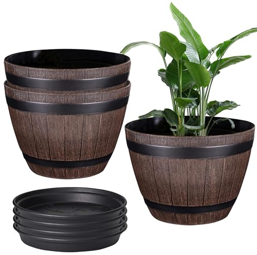 VECELO Blumentöpfe mit Ablauflöchern und Untersetzer, 33 cm Blumentöpfe mit Tablett, 3 Stück, Kunststoff-Whiskey-Fass-Pflanzgefäße für Innen- und Außenbereich, Garten, Heimpflanzen und Blumen