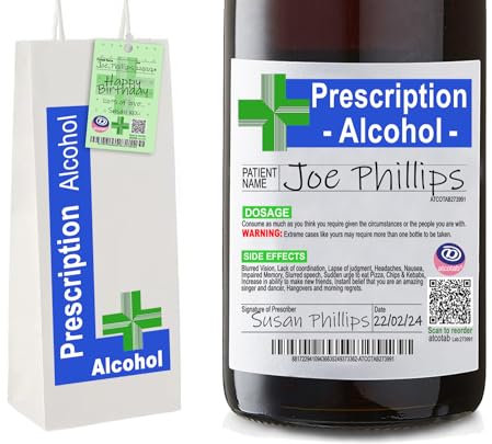 Funny Prescription Wine Label & Gift Bag, Bottle Bag, Premium Quality. Funny Gifts for Women & Men. Teacher Gifts, Prosecco Gifts for Women. Birthday Gifts, Dad Gifts, Unusual Gifts