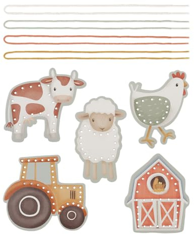 Little Dutch Fädelspiel Schnürkarten Lernspielzeug mit 5 verschiedenen Karten und 4 Bänder für Kinder - Little Farm