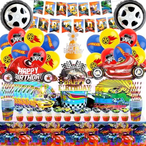 Hot-whel Geburtstagsdeko Ballons, Geburtstag Luftballon Hot-whel Partygeschirr, Partygeschirr Kindergeburtstag Junge, Hot-whel Geburtstag Enthält Teller, Tasse, Tischdecke Servietten Banner Deko