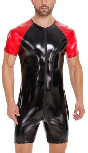 SDGHH-8MMDM Herren Jumpsuit Wetlook Shirt Overall Sexy Dessous Lingerie Clubwear Bekleidung Kunstleder Leder Lack Latex Optik Männer Shirt,Schwarz,6XL