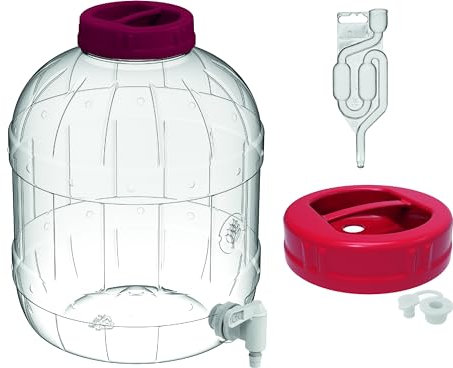10L Gärballon Kunststoff (PET) Gäreimer Gärbehälter Weinballon + Gärröhrchen + Gummistopfen Gäraufsatz, für Wein, Bier, Maische Fass Getränkespender mit Zapfhahn