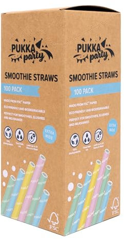 PUKKA party Paper Smoothie Straws – Pack of 100 Eco-Friendly, Biodegradable Drinking Straws – Extra Strong, Lasts up to 24 Hours in Water – Counter Display Unit with Tear-Away Top – Pastel, 19.5cm