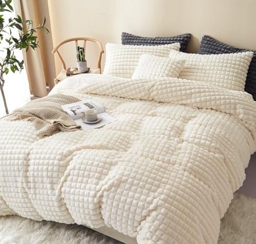 Freyamy Plüsch Bettwäsche 135x200 Beige Flauschig Kunstfell Winterbettwäsche Warme Flanell Fleece Deckenbezug Samt Biber Cashmere Touch Bettbezug mit Reißverschluss und 1 Kissenbezug 80x80cm