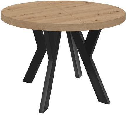 Dekori Möbel Runder Ausziehbarer Tisch für Esszimmer mit Holzbeinen, Pero, Loft-Stil, Skandinavische, Durchmesser Varianten: von 90 bis 220 cm (Eiche Artisan/Schwarz, 120/220 cm)