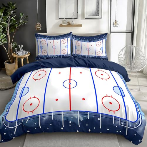 CozyRest Bettwäsche 135 x 200 cm Marineblau Bettbezug und 80x80 Kissenbezug, Wendebettwäsche Set Muster Hockey-Rink Weiche Microfaser für Mädchen Kinder