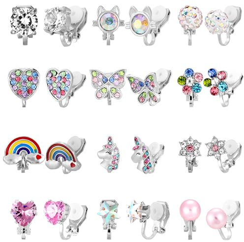 Huiguli 12 Paar Ohrclips Mädchen Hypoallergene, Ohrclips Kinder Mädchen Clip on, Niedlich Einhörner, Schildkröten, Regenbögen, Sterne Klipp Ohrringe, Bunte Ohrringe Ohne Ohrloch für Mädchen Kinder