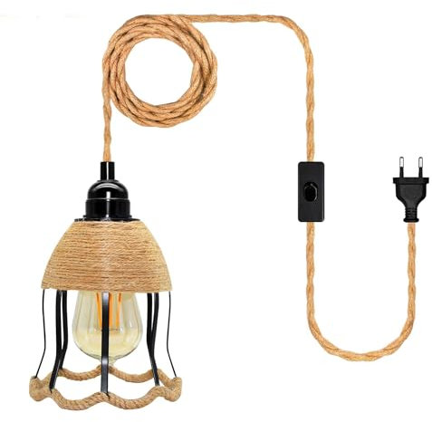 Kit Lampadario in Corda di Canapa con Spina, 510CM Lampada a Sospensione con Interruttore, Incluso Fiore Paralume, Lampada con Corda, E27 Vintage Industriale Canna Corda Kit per Interior Fai Da Te