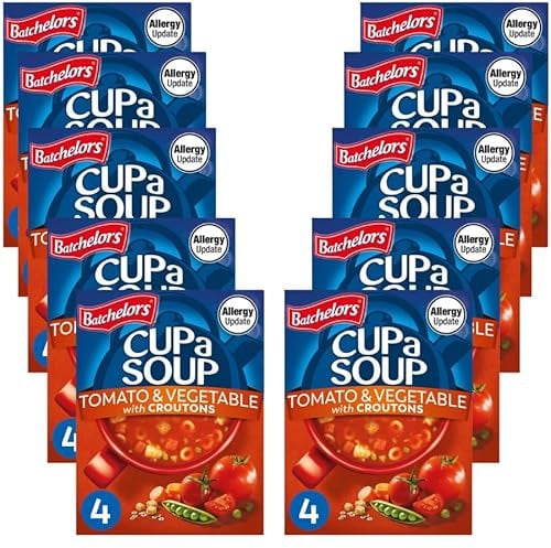 Instant Soup Bundle with Batchelors Cup a Soup Tomato & Vegetable with Croutons (4 Sachets) 104g - 10 Pack | Instant Tomato & Vegetable Soup with Croutons and Noodles, Suitable for Vegetarians.