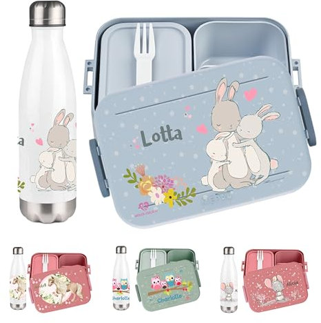 wolga-kreativ Pausenset personalisierte Brotdose rosa und Trinkflasche Thermo Kinder Edelstahl mit Hase Motiv Bento Lunchbox mit Fächern und Unterteilung für Schule und Kindergarten