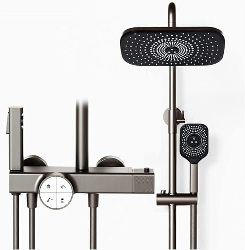 Kits de ducha, juego de grifo de ducha termostático, sistema de ducha expuesta, kit de ducha y bañera de cuatro funciones con cabezal de ducha tipo lluvia, ducha de mano, caño de bañera y du