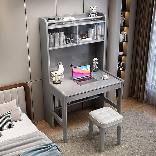 HPTHLY Desk For Adults/Students,Small Desk With Bookcase And Glass Door,Computer Desk Made Of Wood,Modern Student Table/Work Table Grey-60x64x161cm