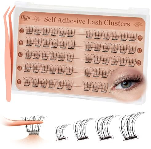 Higu clace Self -Adhesive-Cluster-Lashes Natural Look, Wispy Lash Clusters D Curl Mix 10-12mm, Pre-Glued-Eyelashes No Glue Deeded, Press on Lashes Easy to Use(Volume B)