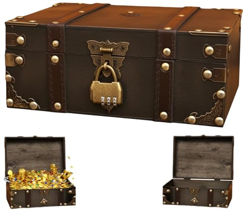 GYHWOFUL Vintage Holz Schatztruhe mit Zahlenschloss – 24 x 17 x 9,5 cm, Schatzkiste Kindergeburtstag, Holztruhe für Aufbewahrung, Box mit Schloss, Dekoration & Geschenk