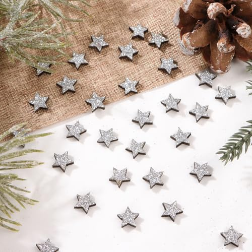 BETESSIN Streudeko Weihnachten Holz - 150 Stück Holzsterne Konfetti Silber Glitzer - Weihnachts Tischdeko Holz - Weihnachtsdeko zum Basteln Weihnachten (12 mm)