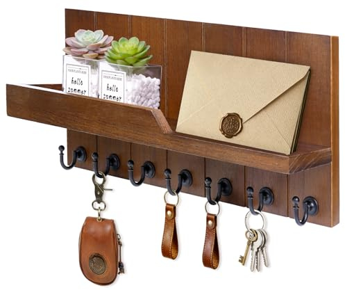 Kldgris Porte Clef Mural Porte-Clés Mural en Bois avec 7 Crochets à Clés, pour Salon, Salle de Bain, Cuisine, Les Entrées, Couloirs (Marron)