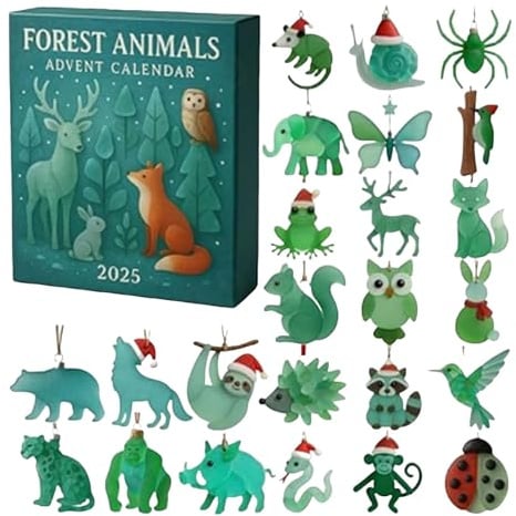 Waldtiere Adventskalender 2025, 24 Tage Weihnachts-Countdown-Kalender mit Acryl-Tierornamenten, niedliche Hängedekorationen für Natur- & Tierliebhaber (A)