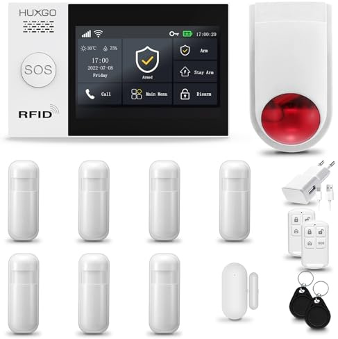 HUXGO® HXA007 Système d'alarme Maison WiFi + GSM avec Sirène Radio | Kit Alarme avec 1x capteur de fenêtre, 7X détecteurs de Mouvement | Sécurité de la Maison avec alertes SMS