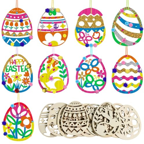 Hölzerne Ostereier Zum Aufhängen 18 Stück 9 Muster | Unbearbeitetes Holz, DIY-Ornamente, Osterhasen-Blumen-Design, Zum Basteln