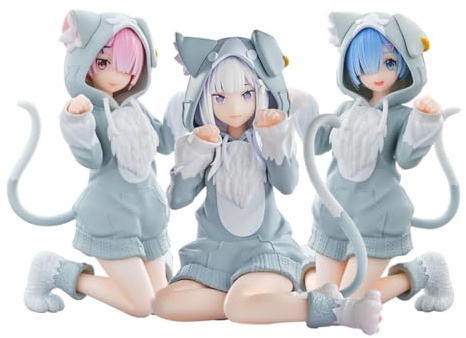 Xinnice 3PCS Ram/Rem Figur Anime Re 0 Figure Ram Rem Actionfiguren Katzenohren Ver Sitzendes Modell Statue Deko Schreibtisch Ornament Sammlerstück