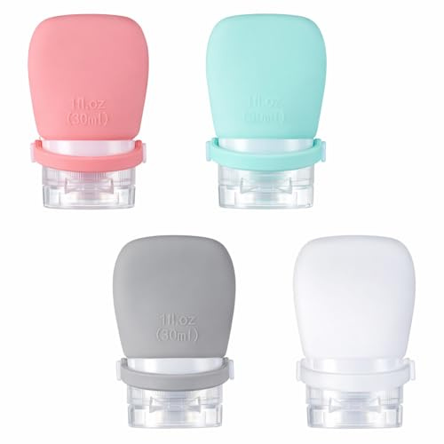 Axafazup 4Pcs 1oz Silicone Travel Bottles, Leak Proof Squeeze Bottles | Travel Size Containers, Reusable On The Go Supplies for Toiletries, Shampoo, Conditioner, Lotion or Salad Dressing, Ketchup