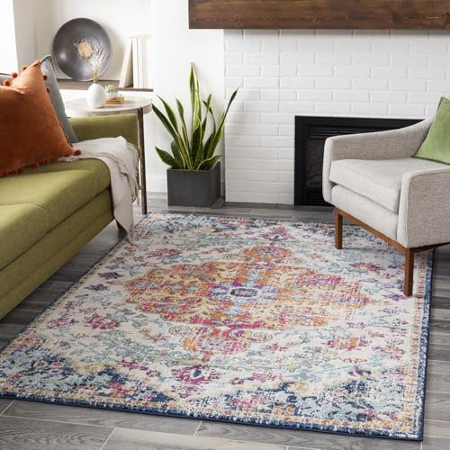 Livabliss Asmara Vintage Rug - Area Rugs Living Room 200x200 cm, Dining Floor, Kitchen, Traditional Multicoloured Boho Style, Easy Care Pile, Bohemian Large Rug, Blue and Orange