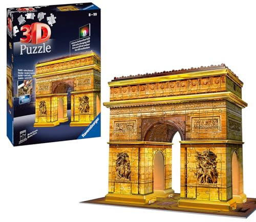 Ravensburger 3D Puzzle 12522 - Triumphbogen Night Edition - das weltbekannte Wahrzeichen aus Paris als LED beleuchtetes 3D Modell - leuchtet im Dunkeln - für große und kleine Puzzlefans ab 8 Jahren