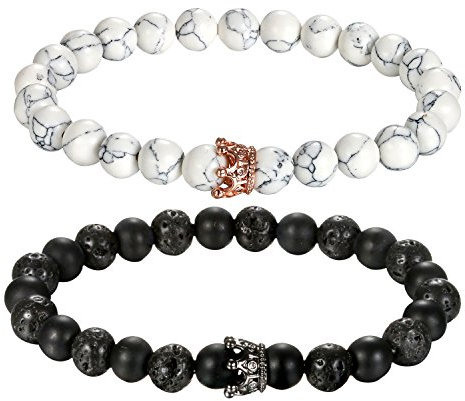 Aroncent 2PCS Armband mit CZ Kronen König und Königin schwarz Matte und weiß Howlite 8mm Beads Perlen Paare Armband