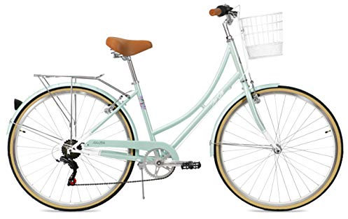 FabricBike Step City Damenfahrrad Amsterdam 28 Zoll Komfort Bike 7 Gang Hollandrad im Retro-Design (Mint Green + Korb)
