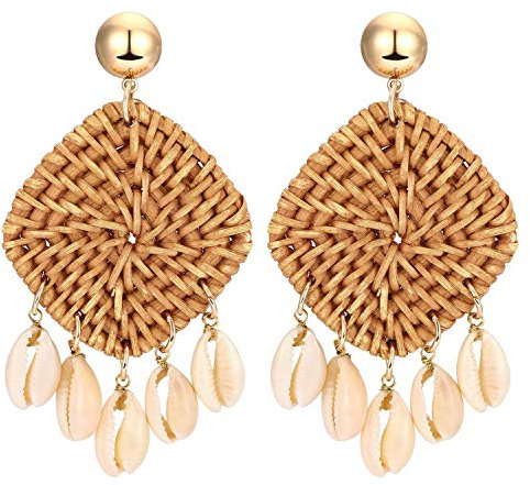 JewelryWe Schmuck Retro Ohrringe Boho-Stil handgemacht Rattan geflochten doppelt Quadrat Statement Ohrringe mit Muschel Schale Quaste für Frauen Dame Mädchen