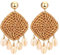 JewelryWe Schmuck Retro Ohrringe Boho-Stil handgemacht Rattan geflochten doppelt Quadrat Statement Ohrringe mit Muschel Schale Quaste für Frauen Dame Mädchen