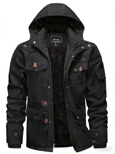 KEFITEVD Veste Polaire Chaude pour Homme Manteau à Capuche épais d'hiver Veste Coupe-vent avec 5 Poches,Noir,S