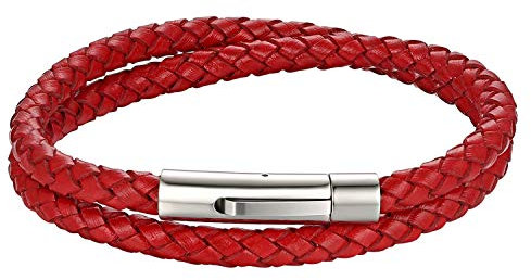 Cupimatch Herren Lederarmband, Leder Kordelkette Geflochten Armband Wickelarmbänder mit Edelstahl Magnetverschluss - zum zweimaligen Umwickeln, Rot
