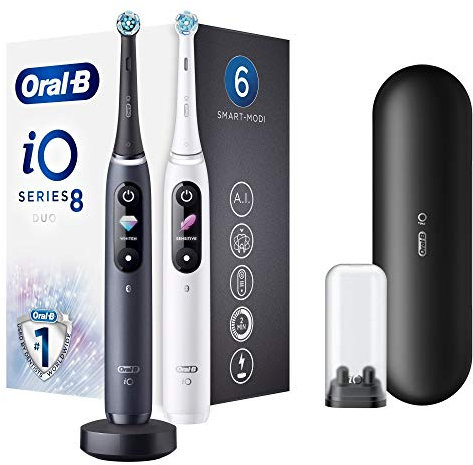 Oral-B iO 8 Doppelpack Elektrische Zahnbürste/Electric Toothbrush mit revolutionärer Magnet-Technologie & Mikrovibrationen, 6 Putzprogramme, Farbdisplay & Reiseetui, white alabaster/black onyx