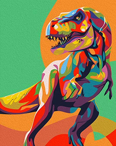 Elftoyer Peinture par numéros pour enfants, adultes et débutants, kit de peinture sur toile à faire soi-même pour décoration de la maison – Dinosaures colorés 40,6 x 50,8 cm (sans cadre)