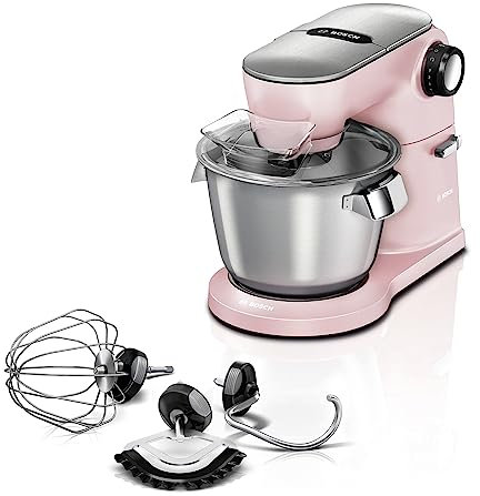 Bosch Küchenmaschine Serie 8 MUM9A66N00, Edelstahl-Schüssel 5,5 L, Planetenrührwerk, Profi-Knethaken, Schnee-, Silikonbesen, 7 Arbeitsstufen, 1600 W, Rosa/Silber