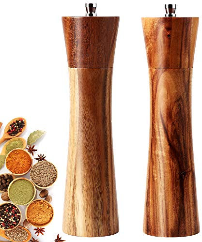 Salt and Pepper Grinders Set, 8 inch Acacia Wooden Salt and Pepper Mills Shakers Kit Ceramic Rotor with Strong Adjustable Coarseness